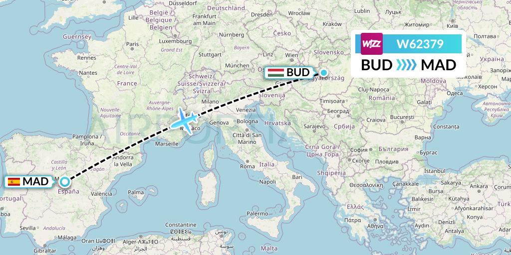 W62379 Wizz Air Flight Map: Budapest to Madrid