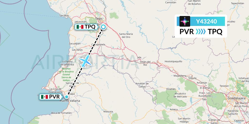 Y43240 Volaris Flight Map: Puerto Vallarta to Tepic