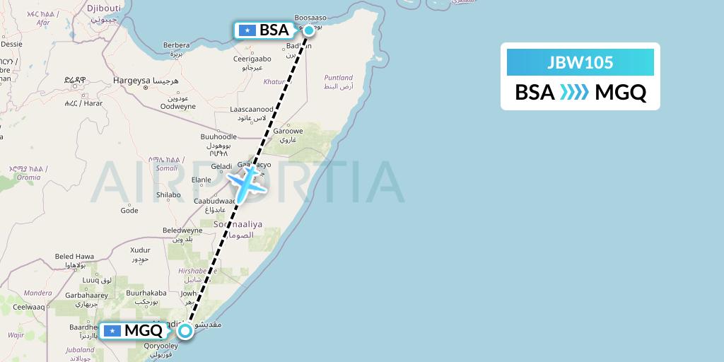 JBW105 Jubba Airways Flight Map: Bosaso to Mogadishu