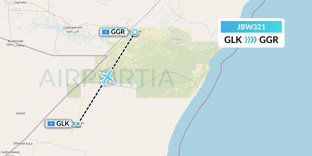 JBW321 Jubba Airways Flight Map: Galcaio to Garoe