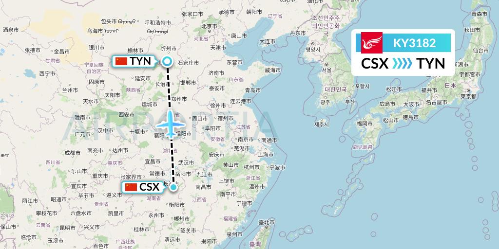 KY3182 Kunming Airlines Flight Map: Changsha to Taiyuan