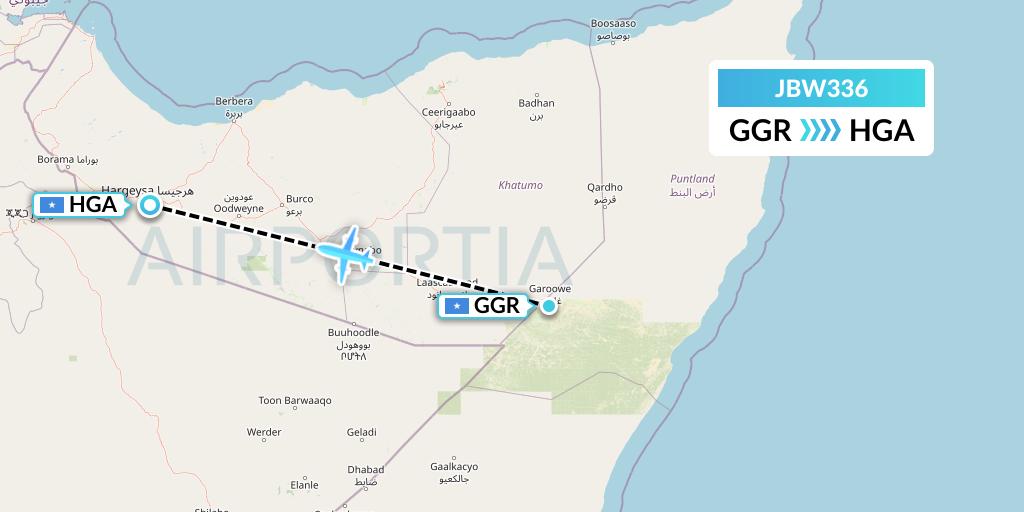 JBW336 Jubba Airways Flight Map: Garoe to Hargeisa