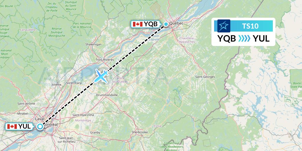 TS10 Air Transat Flight Map: Quebec to Montreal