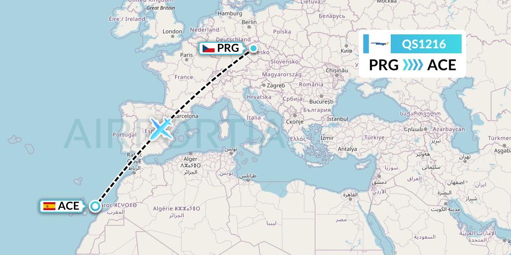 QS1216 Smartwings Flight Map: Prague to Lanzarote
