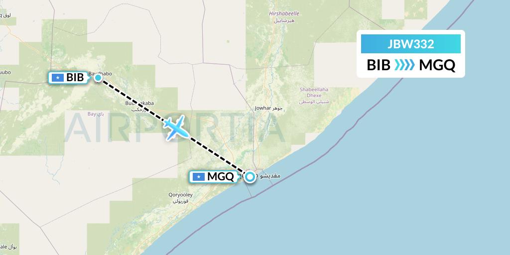 JBW332 Jubba Airways Flight Map: Baidoa to Mogadishu