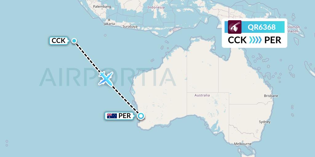 QR6368 Qatar Airways Flight Map: Cocos Islands to Perth