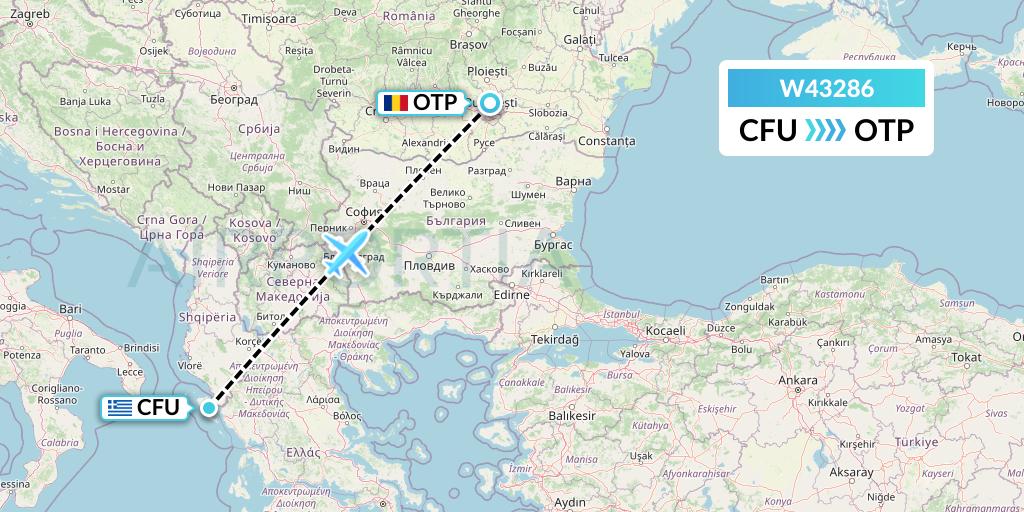 W43286 Wizz Air Malta Flight Map: Corfu to Bucharest