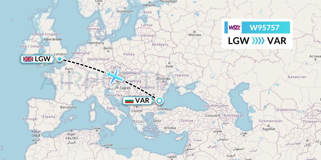 W95757 Wizz Air UK Flight Map: London to Varna