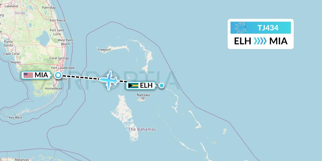 TJ434 Tradewind Aviation Flight Map: North Eleuthera to Miami