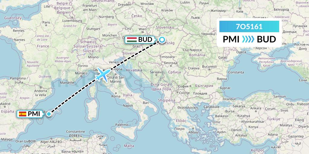 7O5161 Travel Service Hungary Flight Map: Palma de Mallorca to Budapest