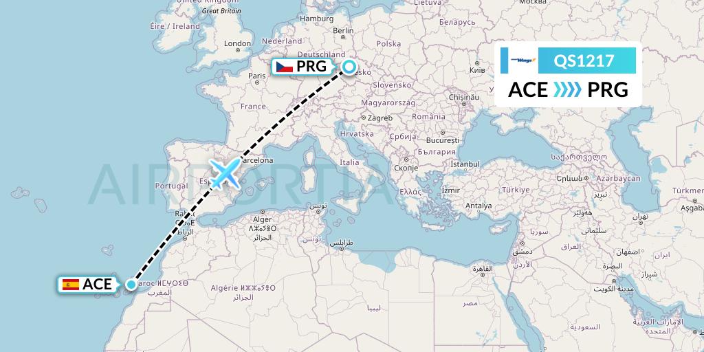 QS1217 Smartwings Flight Map: Lanzarote to Prague