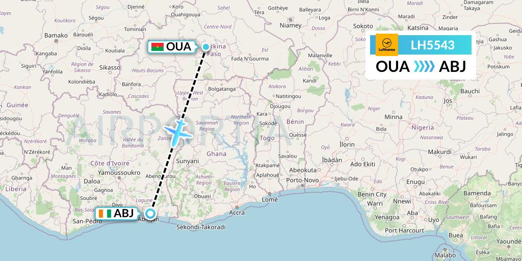 LH5543 Lufthansa Flight Map: Ouagadougou to Abidjan