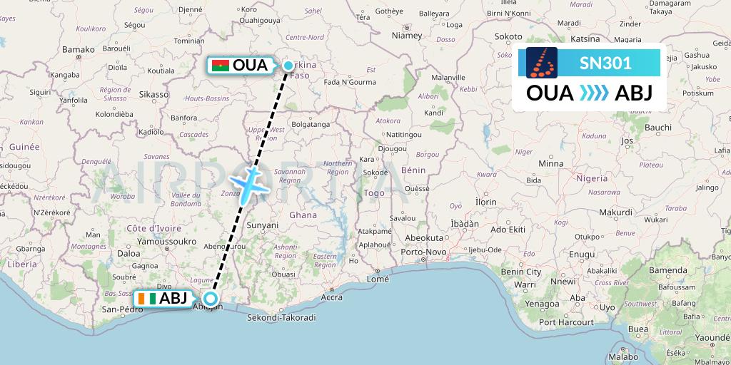 SN301 Brussels Airlines Flight Map: Ouagadougou to Abidjan