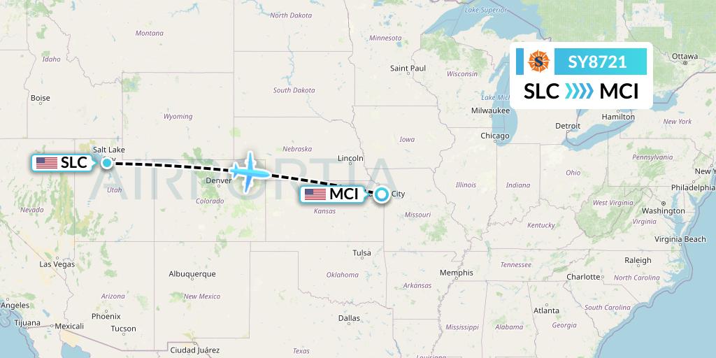 SY8721 Sun Country Airlines Flight Map: Salt Lake City to Kansas City