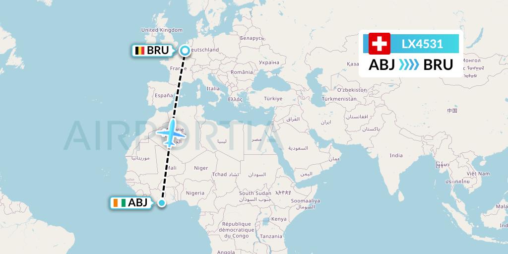LX4531 Swiss Flight Map: Abidjan to Brussels