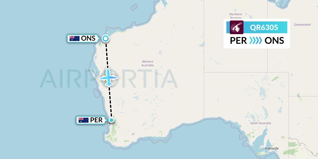 QR6305 Qatar Airways Flight Map: Perth to Onslow