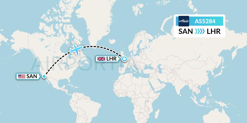AS5284 Alaska Airlines Flight Map: San Diego to London