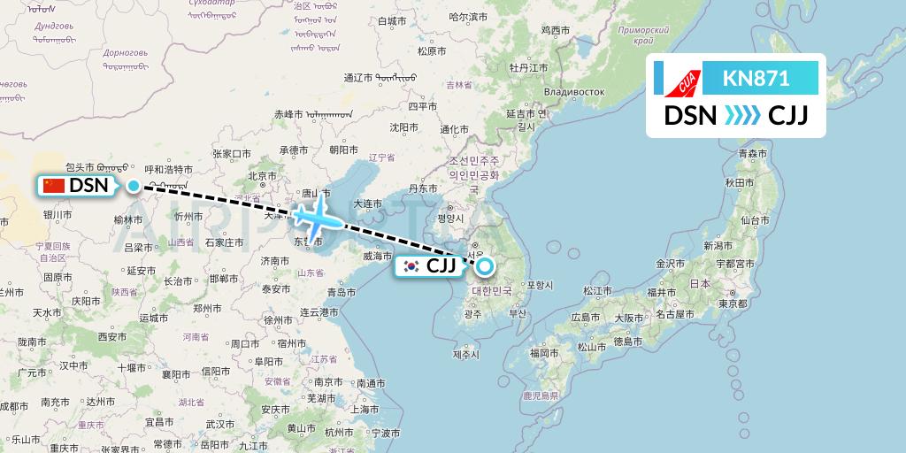 KN871 China United Airlines Flight Map: Dongsheng to Cheongju