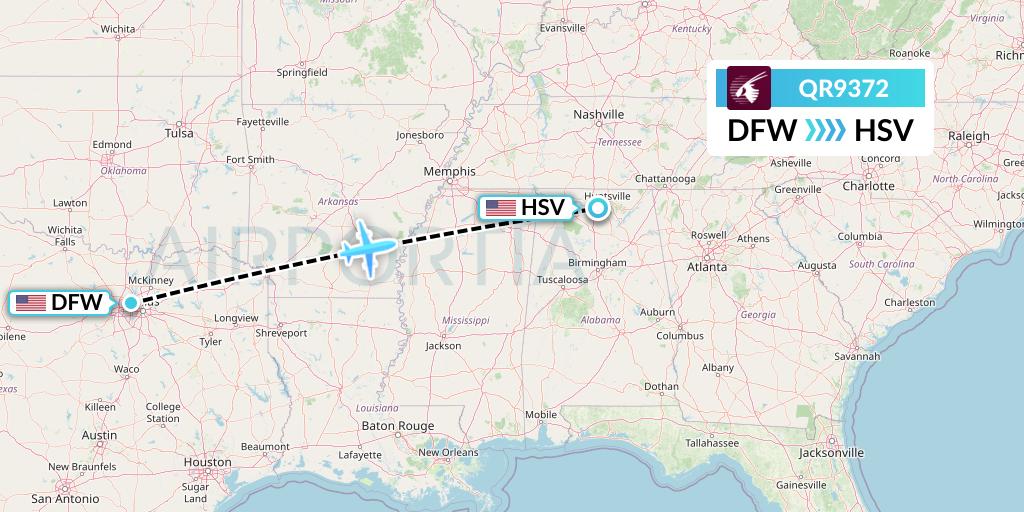 QR9372 Qatar Airways Flight Map: Dallas to Huntsville