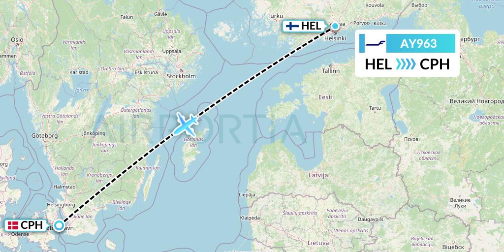 AY963 Finnair Flight Map: Helsinki to Copenhagen