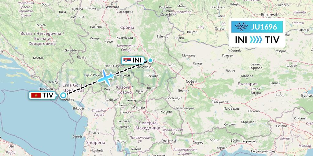 JU1696 AirSERBIA Flight Map: Nis to Tivat