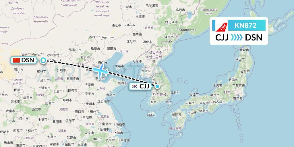 KN872 China United Airlines Flight Map: Cheongju to Dongsheng