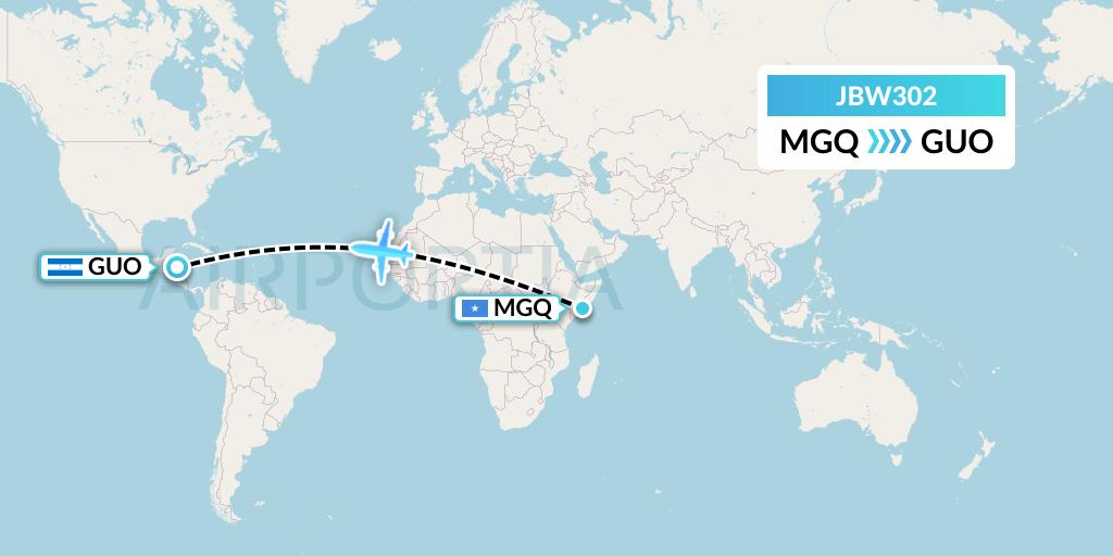 JBW302 Jubba Airways Flight Map: Mogadishu to Gualaco