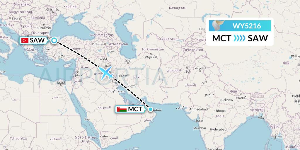 WY5216 Oman Air Flight Map: Muscat to Istanbul