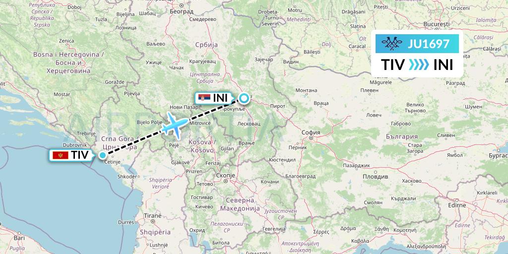JU1697 AirSERBIA Flight Map: Tivat to Nis