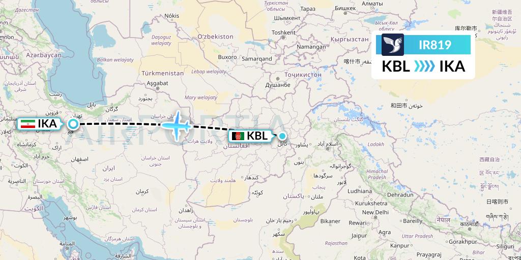 IR819 Iran Air Flight Map: Kabul to Tehran