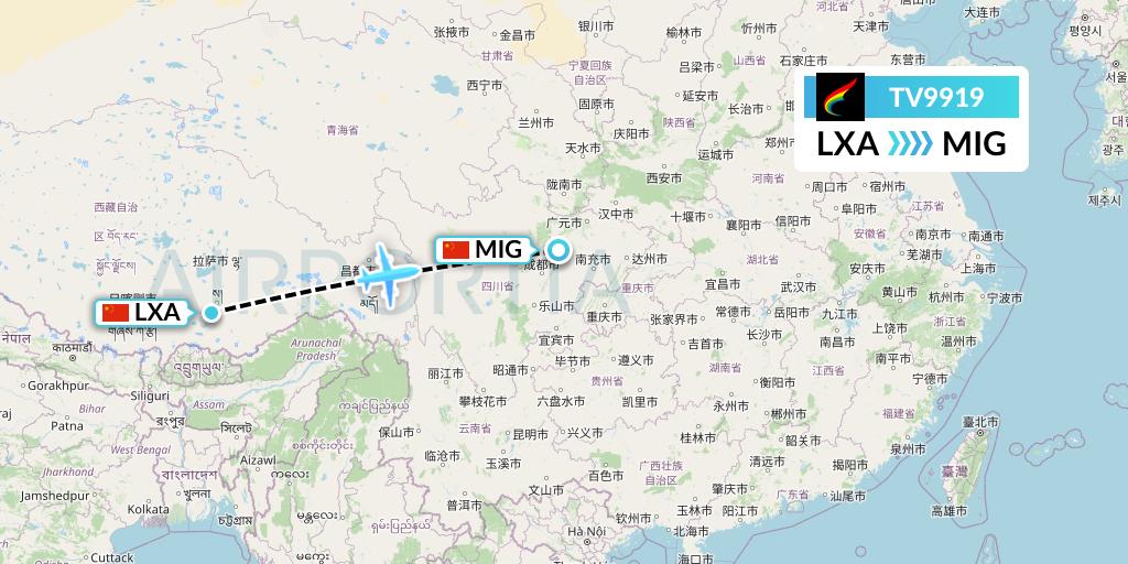 TV9919 Tibet Airlines Flight Map: Lhasa to Mianyang
