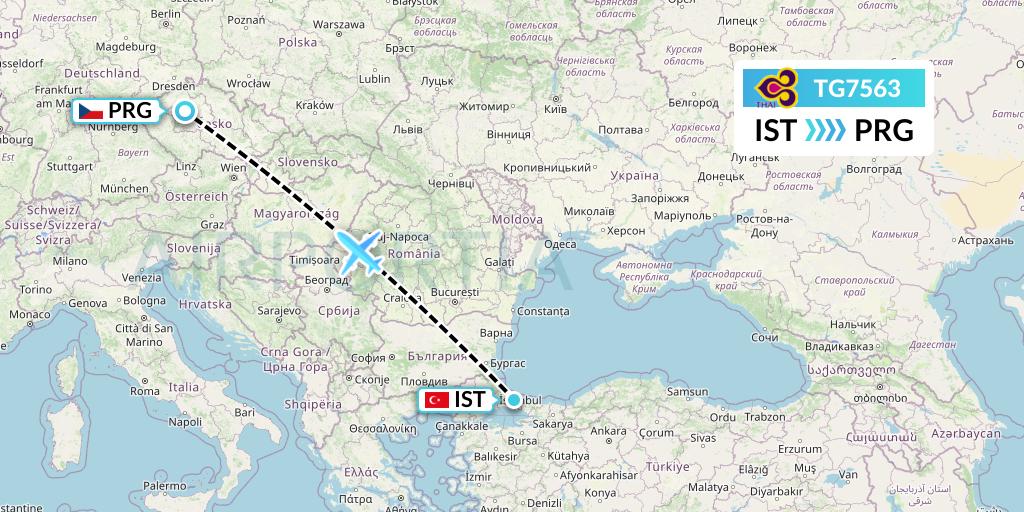 TG7563 Thai Airways Flight Map: Istanbul to Prague