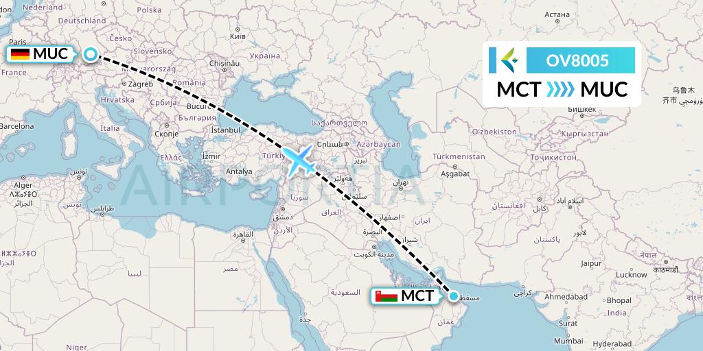 OV8005 SalamAir Flight Map: Muscat to Munich