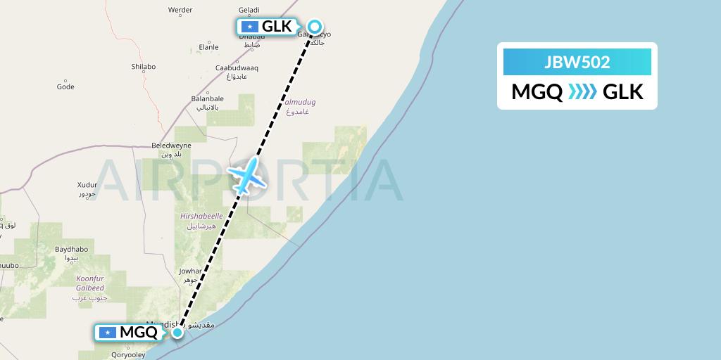 JBW502 Jubba Airways Flight Map: Mogadishu to Galcaio