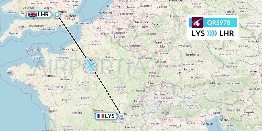 QR5978 Qatar Airways Flight Map: Lyon to London