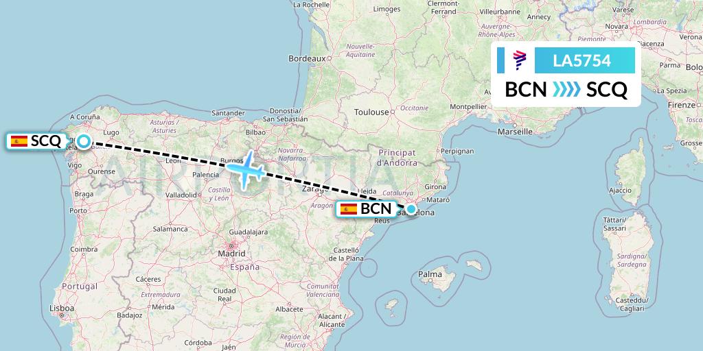 LA5754 LAN Airlines Flight Map: Barcelona to Santiago