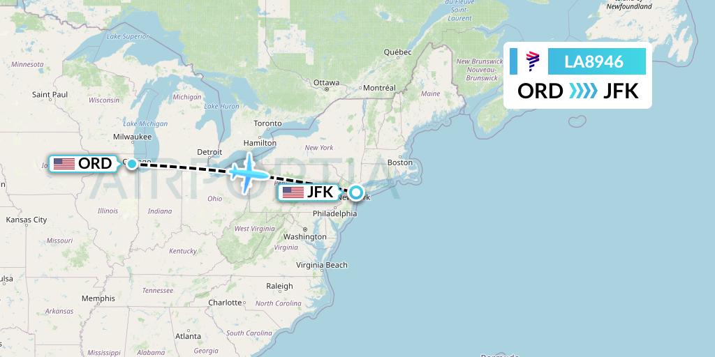 LA8946 LAN Airlines Flight Map: Chicago to New York