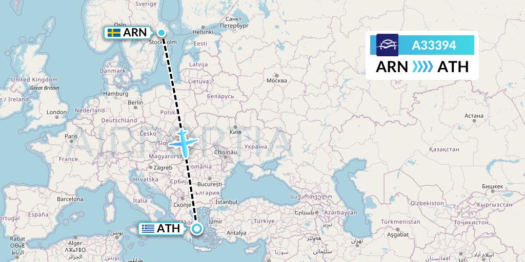 A33394 Aegean Airlines Flight Map: Stockholm to Athens