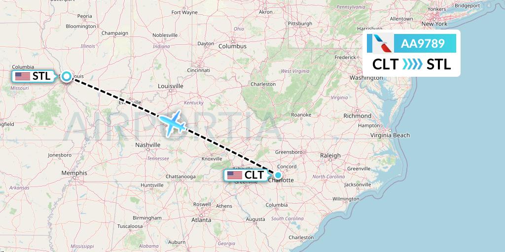 AA9789 American Airlines Flight Map: Charlotte to St. Louis