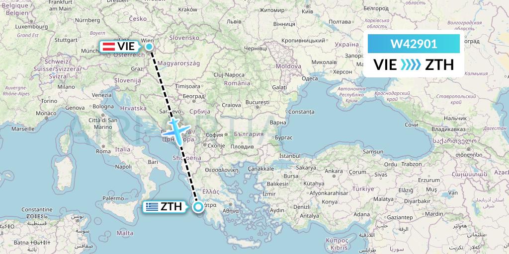 W42901 Wizz Air Malta Flight Map: Vienna to Zakynthos
