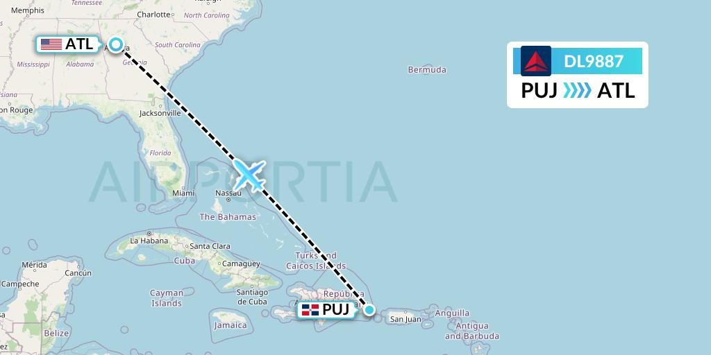 DL9887 Delta Air Lines Flight Map: Punta Cana to Atlanta