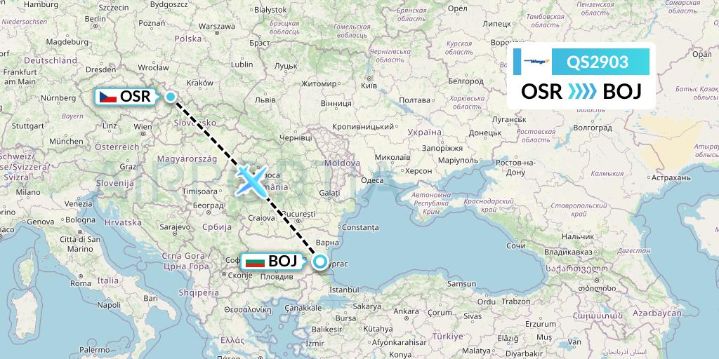 QS2903 Smartwings Flight Map: Ostrava to Burgas