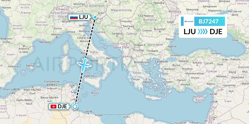 BJ7247 Nouvelair Tunisie Flight Map: Ljubljana to Djerba