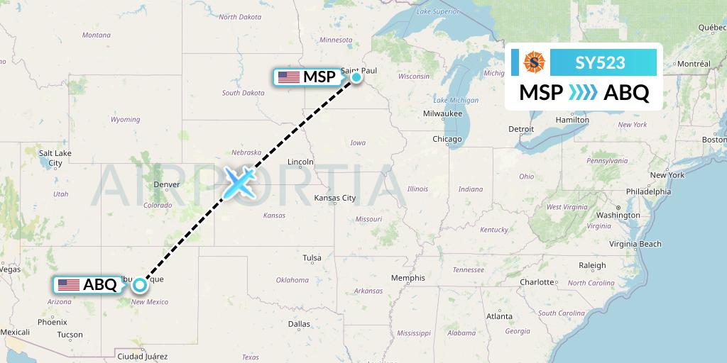 SY523 Sun Country Airlines Flight Map: Minneapolis to Albuquerque