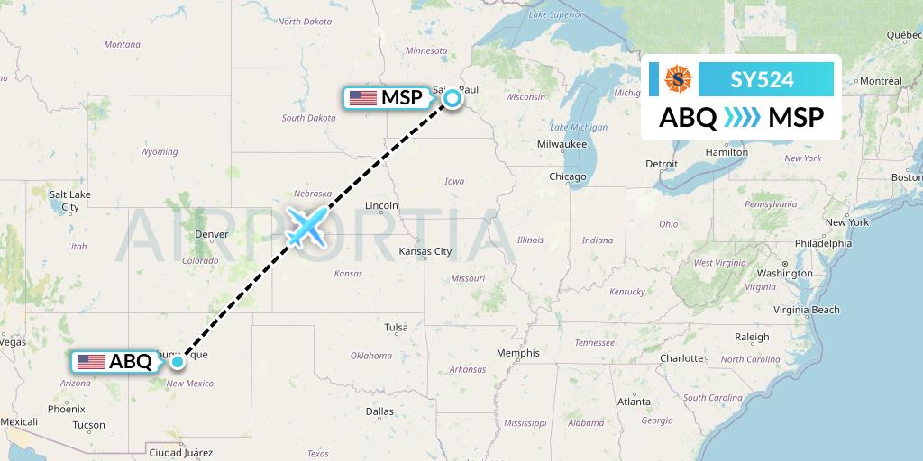 SY524 Sun Country Airlines Flight Map: Albuquerque to Minneapolis