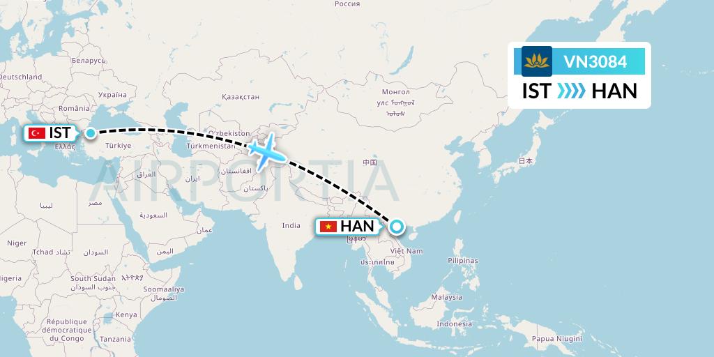 VN3084 Vietnam Airlines Flight Map: Istanbul to Hanoi