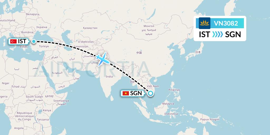 VN3082 Vietnam Airlines Flight Map: Istanbul to Ho Chi Minh City