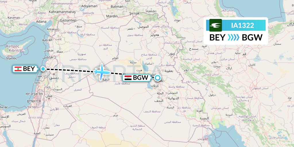IA1322 Iraqi Airways Flight Map: Beirut to Baghdad
