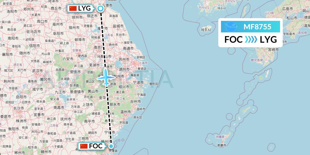 MF8755 Xiamen Airlines Flight Map: Fuzhou to Lianyungang