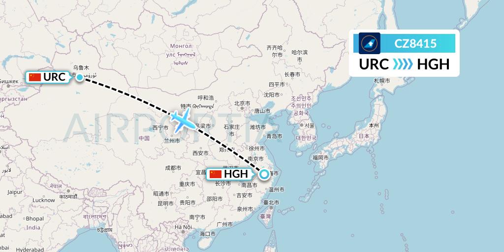 CZ8415 China Southern Airlines Flight Map: Urumqi to Hangzhou